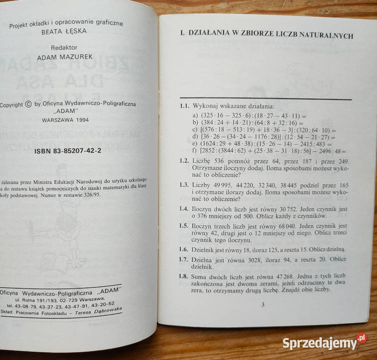 Zbiór zadań ASA materiały pomocnicze klasa 5 Rok wydania 1994 Sosnowiec sprzedam