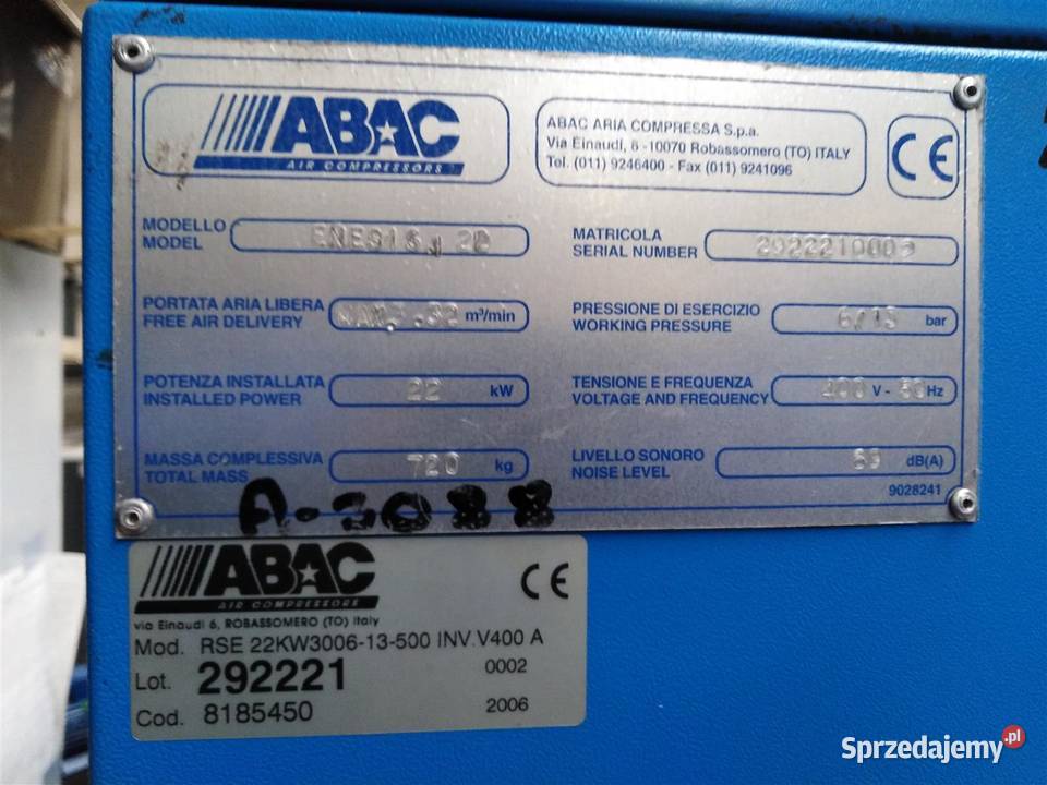 Sprężarka ABAC GENESIS22 22KW S009859 opolskie Wilków