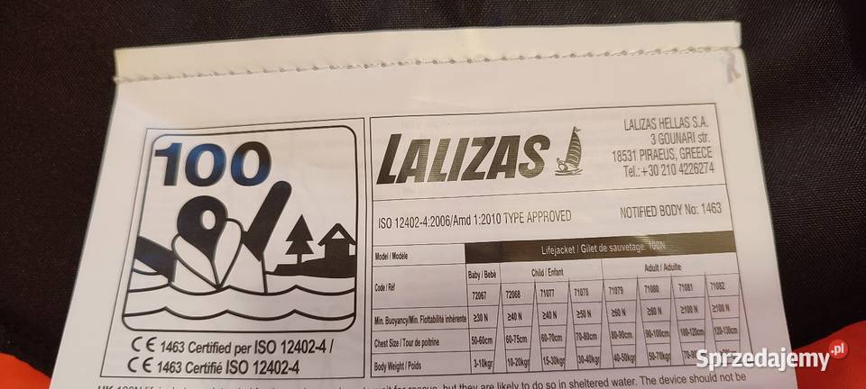 Nowa kamizelka ratunkowa LALIZAS 100N dzieci Jasień
