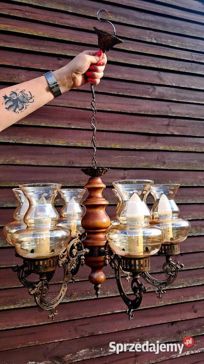 Żyrandol Sześcio Ramienny Vintage PRL Mosiądz Lampy wiszące Świecie