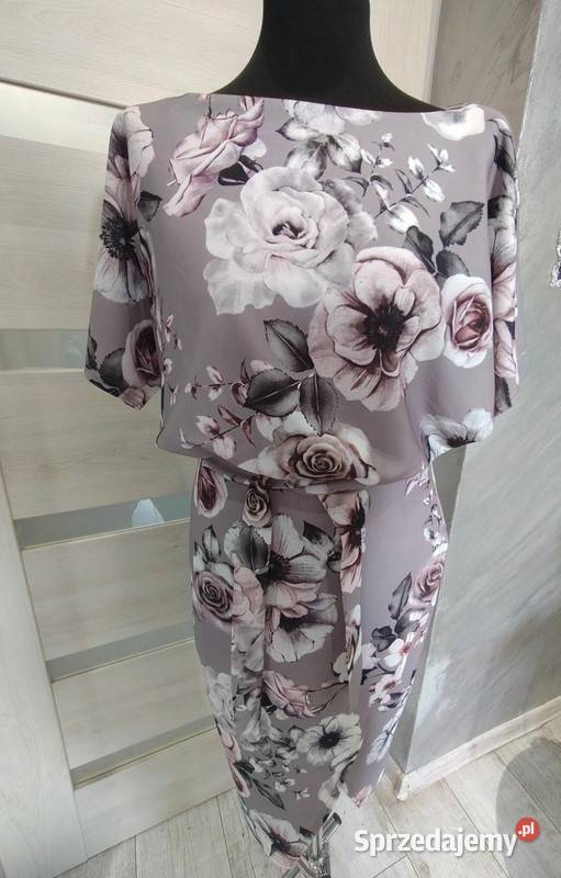 Sukienka w kwiaty okolicznościowa szary/srebrny Chorzów