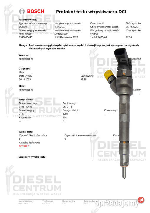 WTRYSKIWACZ BOSCH 0445110616 0445110478 BMW F10 pomorskie Miszewo