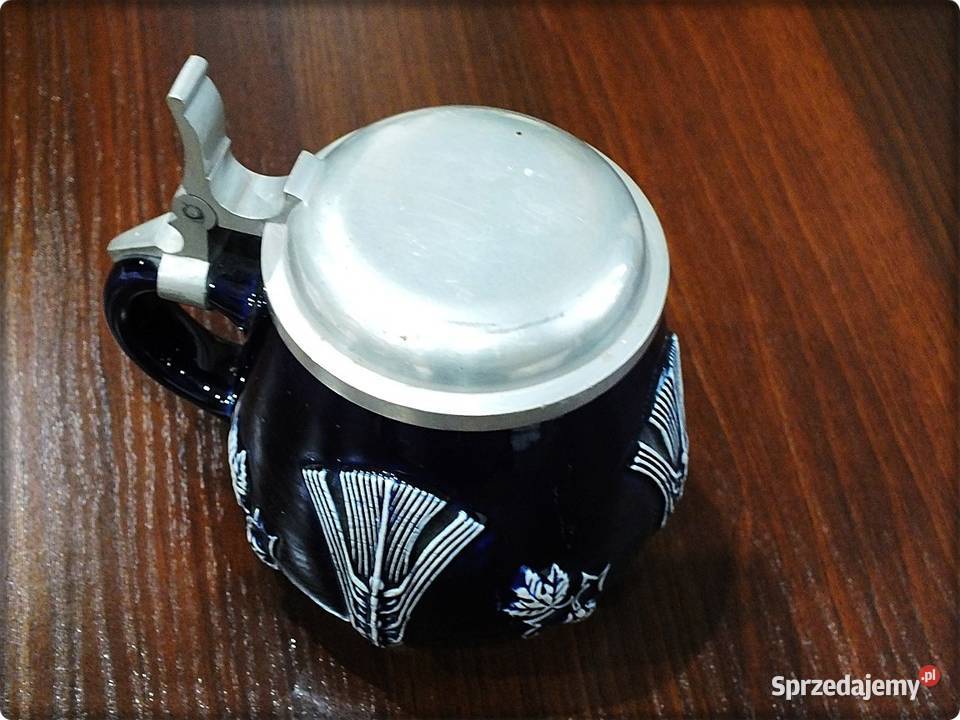 Kufel niemiecki z cynową pokrywką Sygnowany Porcelana i szkło Żary sprzedam