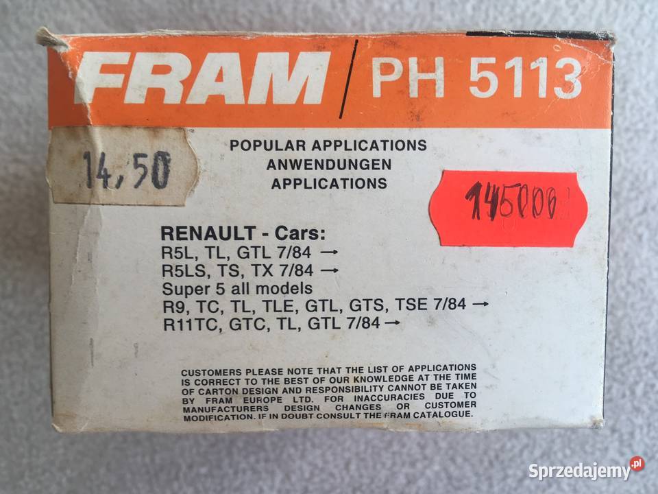 FRAM PH 5113 oryginał Filtr oleju Renault R5 TL osobowe Kołobrzeg sprzedam