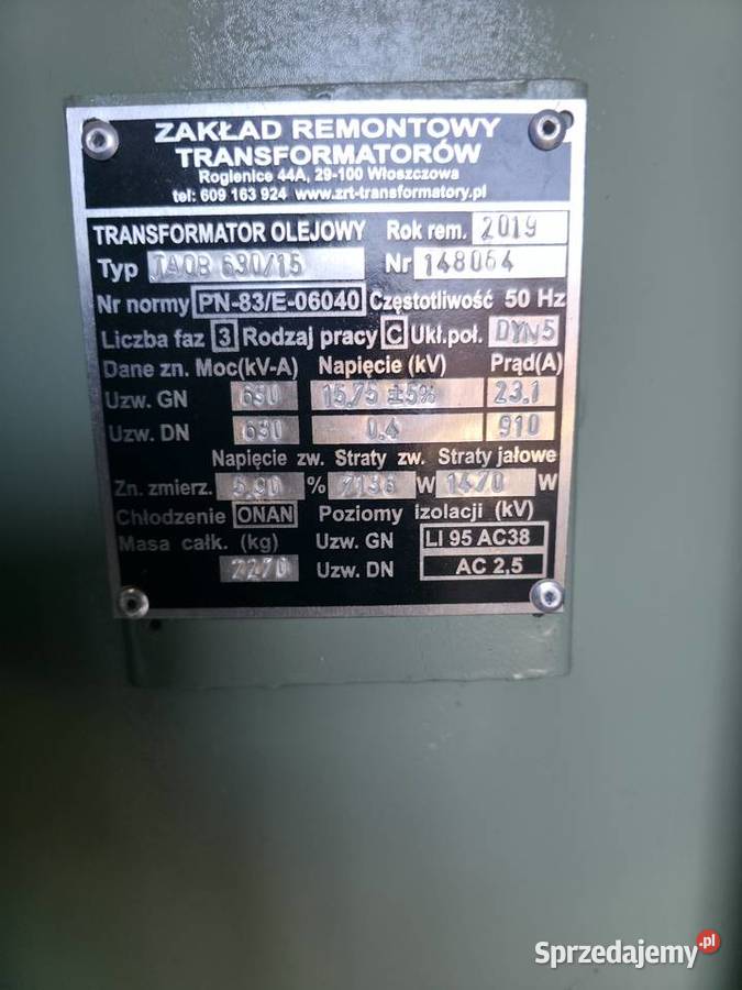 Transformator olejowy 630kVA 1504kV z pełną Tomaszów Lubelski