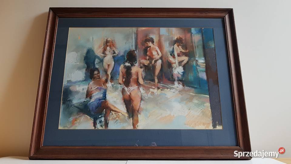 Obraz szkłem pastel Damy sygnowany Franciszek Dąbrowa Górnicza