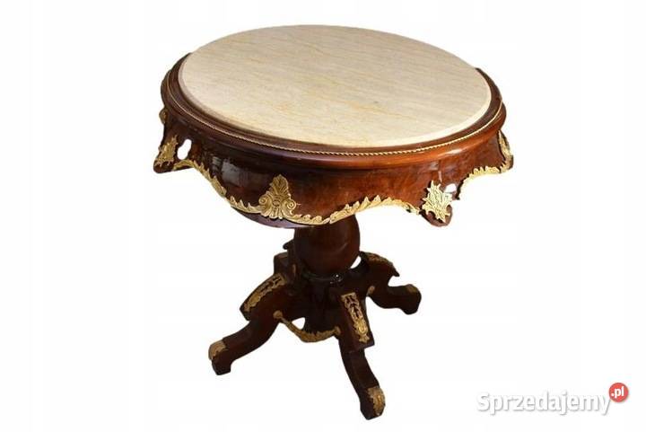 Duży Drewniany Stolik z Marmurowym Blatem Stół Stoły i stoliki ogrodowe