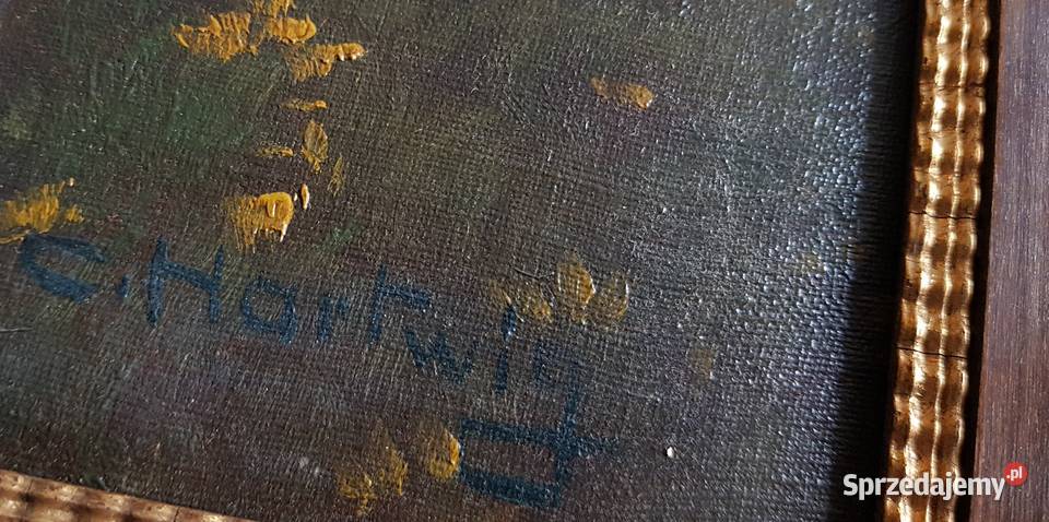 Stary duży olejny obraz pejzaż C Hartwig Malarstwo Dąbrowa Górnicza