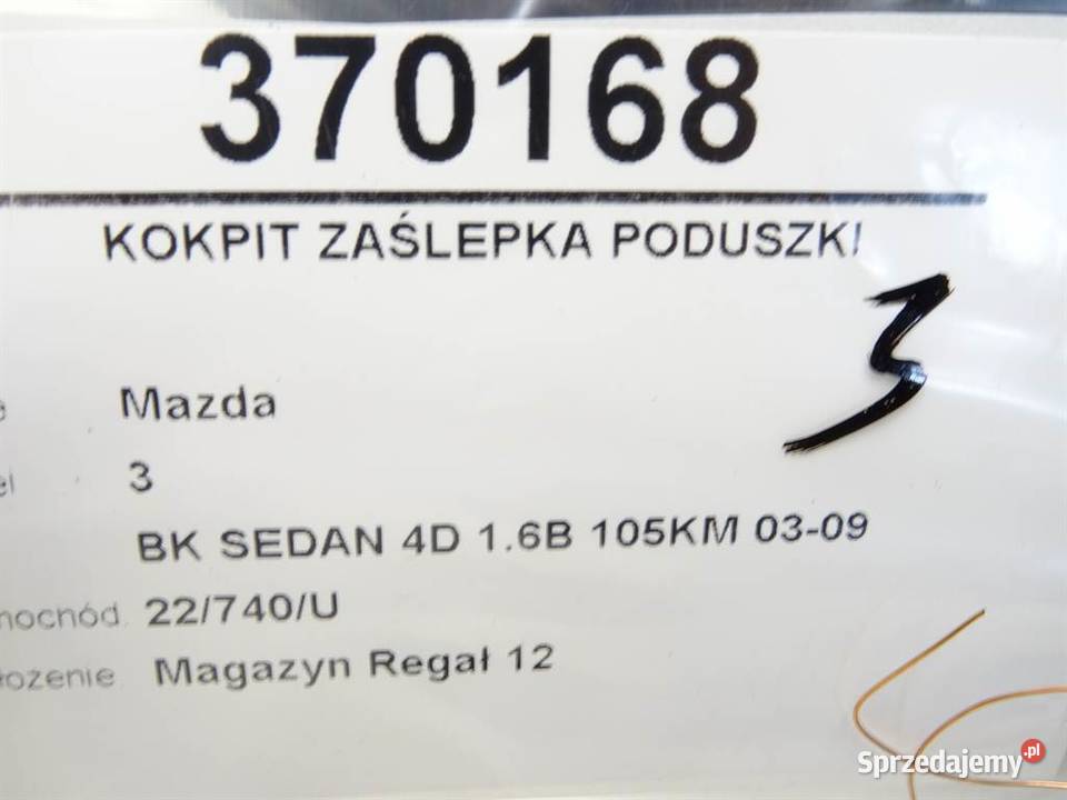 KOKPIT ZAŚLEPKA PODUSZKI MAZDA 3 BK Hatchback osobowe podkarpackie