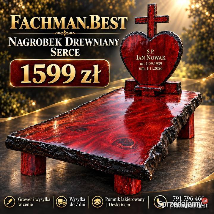 Nagrobek drewniany pomnik SERCE z krzyżem Szczecin