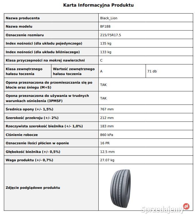 Opona Prowadząca 21575 R175 BlackLion BF188 Nowa Ciężarowe sprzedam