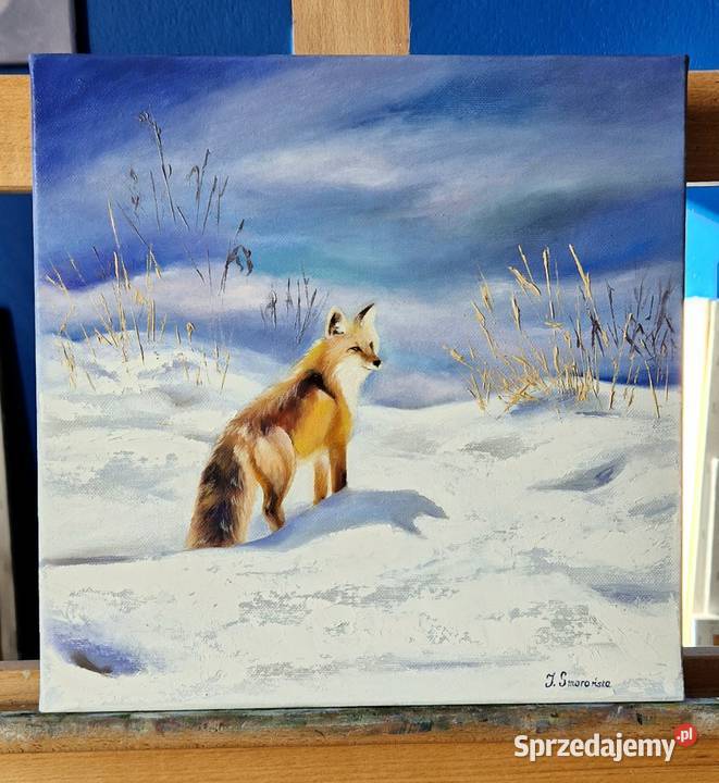 Lis zimowy pejzaż obraz olejny ręcznie malowany Limanowa