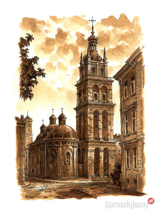 Grafika Lwów Cerkiew Uspieńska wieża Korniakta Warszawa sprzedam