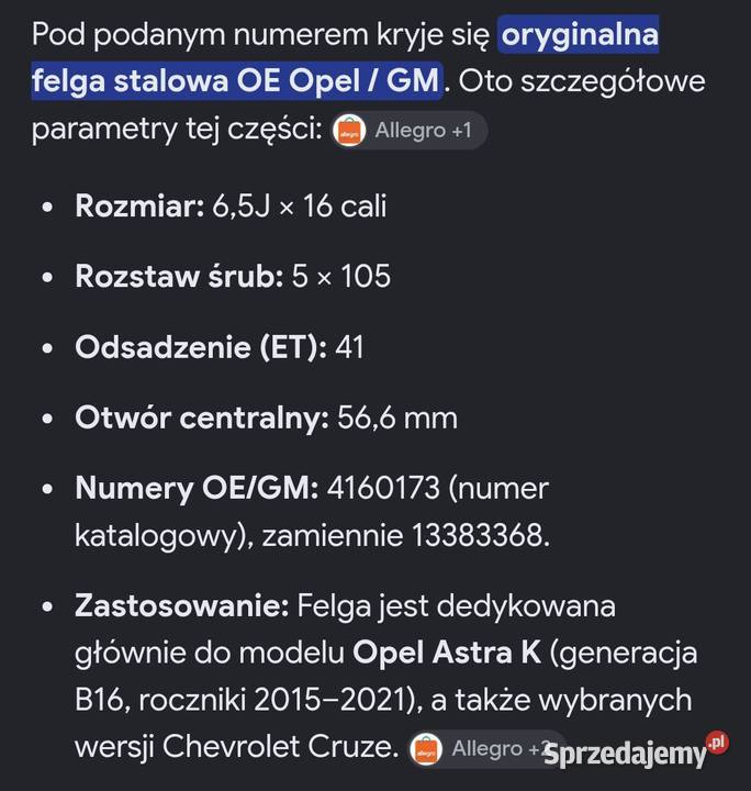 Felgi Opel Astra K 20152022 5x105 65j x 16 ET41 Łódź