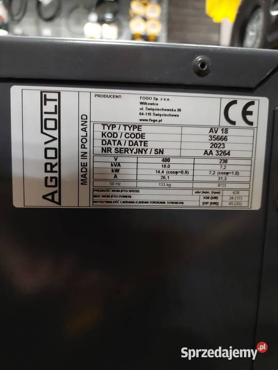 Agregat prądotwórczy na wałek WOM 18kVA AGROVOLT Olesno sprzedam