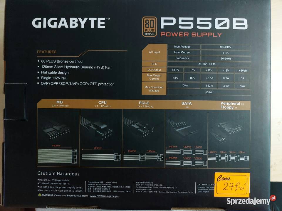 Zasilacz GIGABYTE P550B 550W 80plus Tarnów