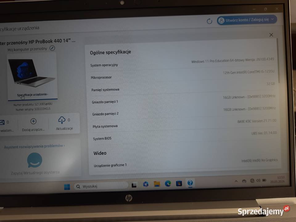 Laptop HP Probook 440 G9 32GB RAM i51235U 256GB Morąg sprzedam