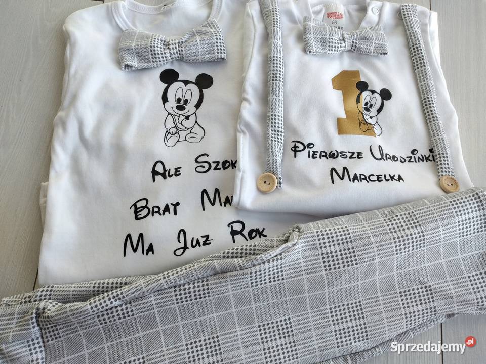 Komplet na roczek chlopca kratka myszka miki zielony Komplety i zestawy Tomaszów Mazowiecki
