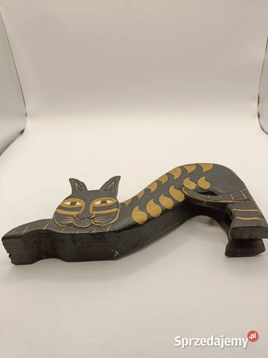 Figurka vintage Kot rzeźba drewno czerń złocenia Rękodzieło Zamość