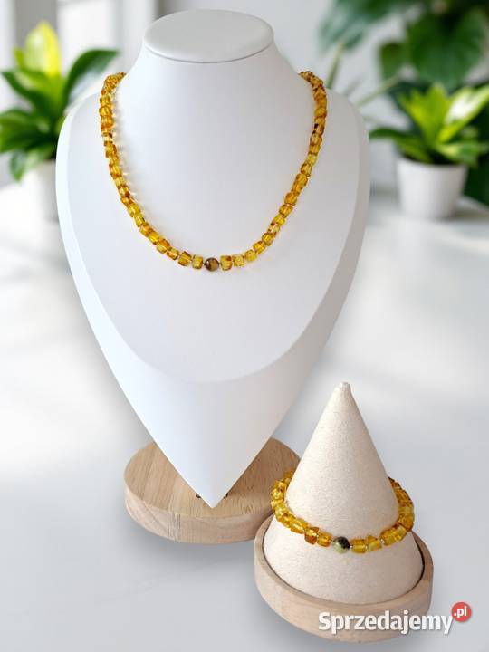 Komplet korale i bransoletka z bursztynu kostka