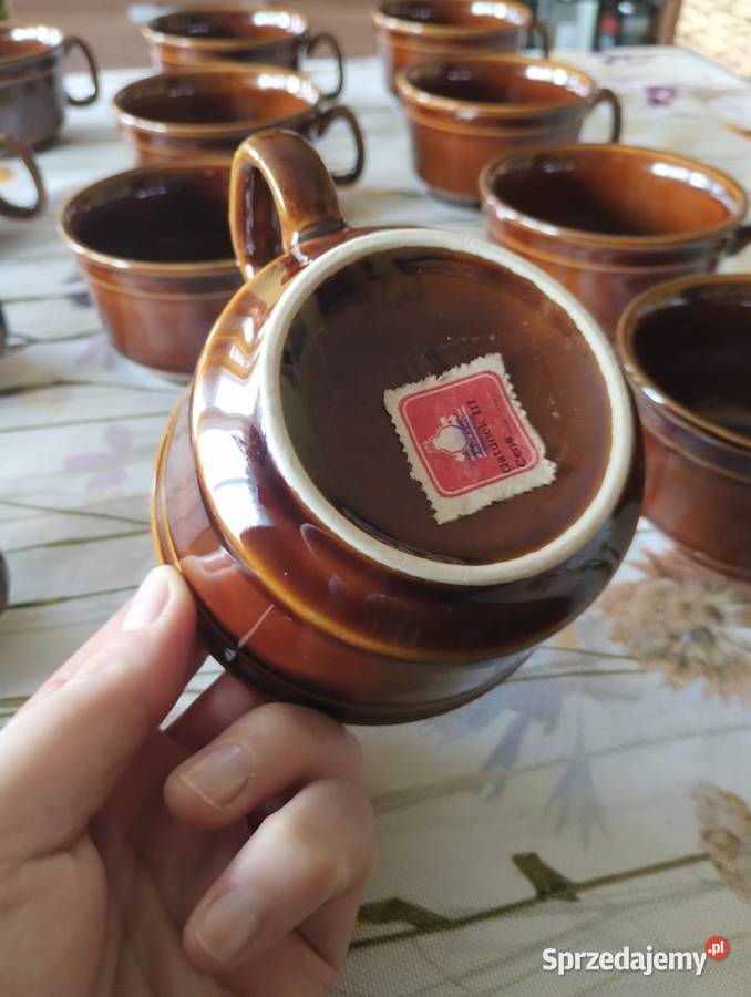 PRL filiżanki Pruszków porcelit etykieta 12 brązowy Łódź