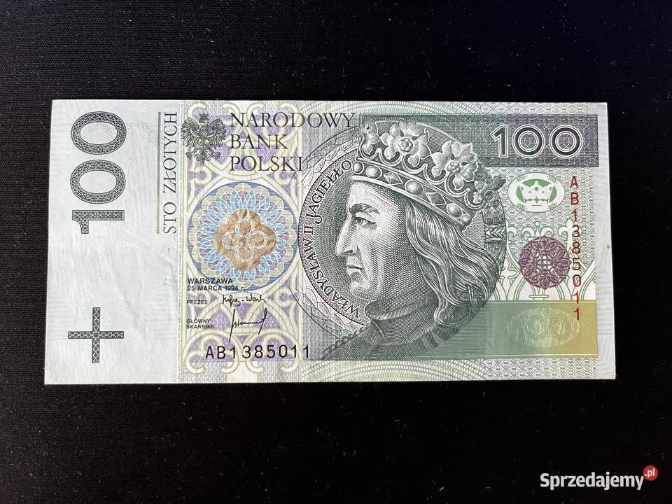 Banknot 100 seria AB1385011 Zawiercie
