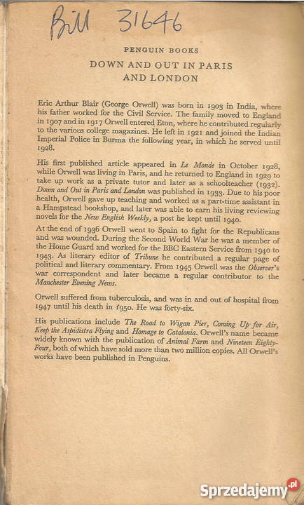 Down and Out in Paris and London George Orwell Pacanów