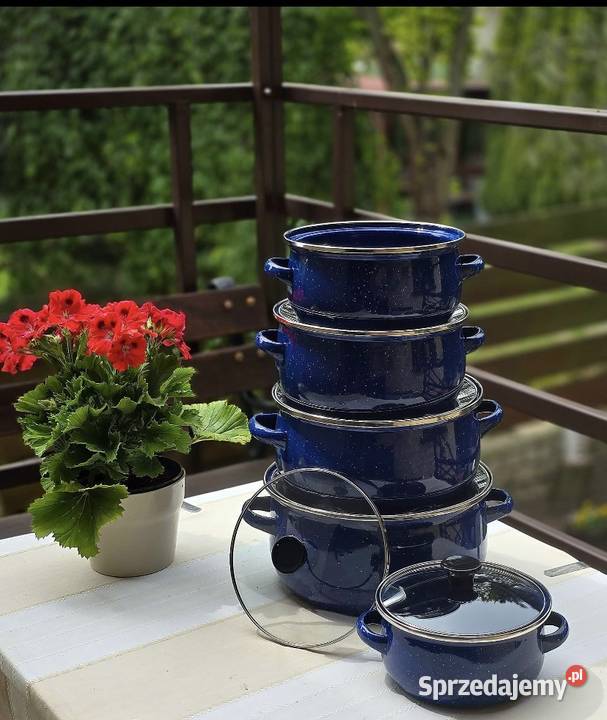 119 Garnki emaliowane niebieskie kropki śląskie Zabrze
