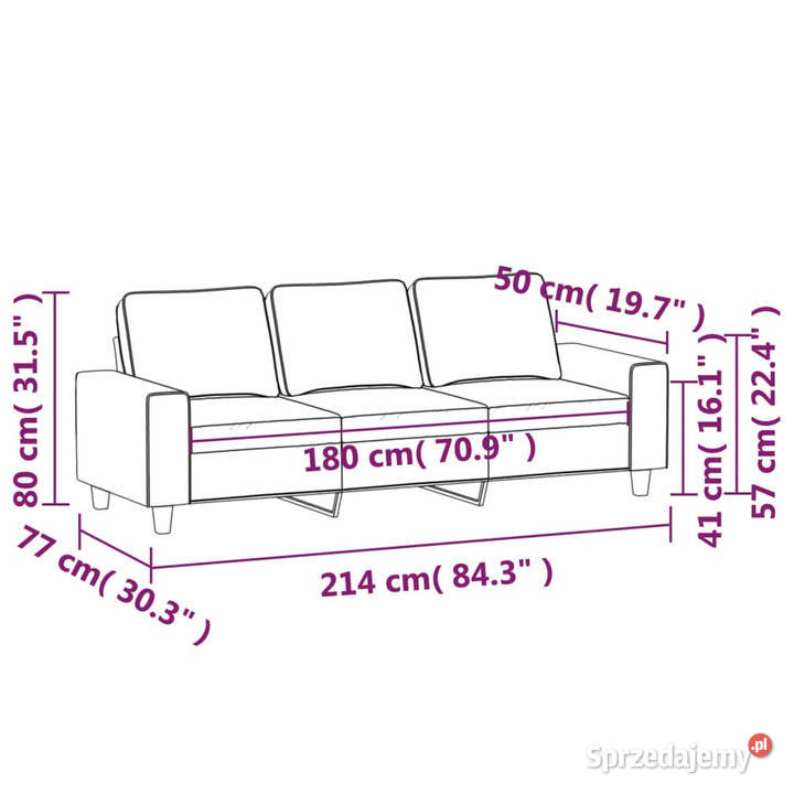 Sofa 3osobowa jasnoszara 180 tapicerowana