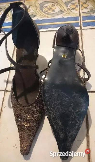 Brązowe z cekinami na bal Sylwestra imprezę 3839 Czółenka małopolskie