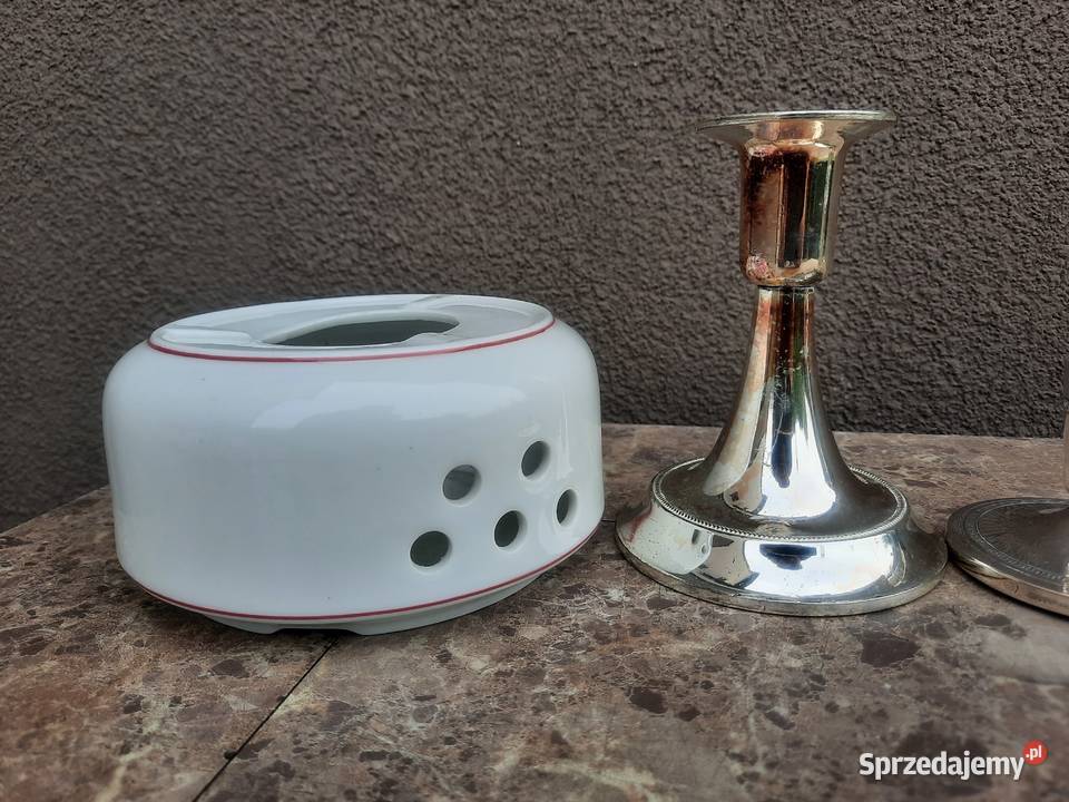 Świeczniki szkło mosiądz ceramika zestaw 7 wielokolorowy pomorskie