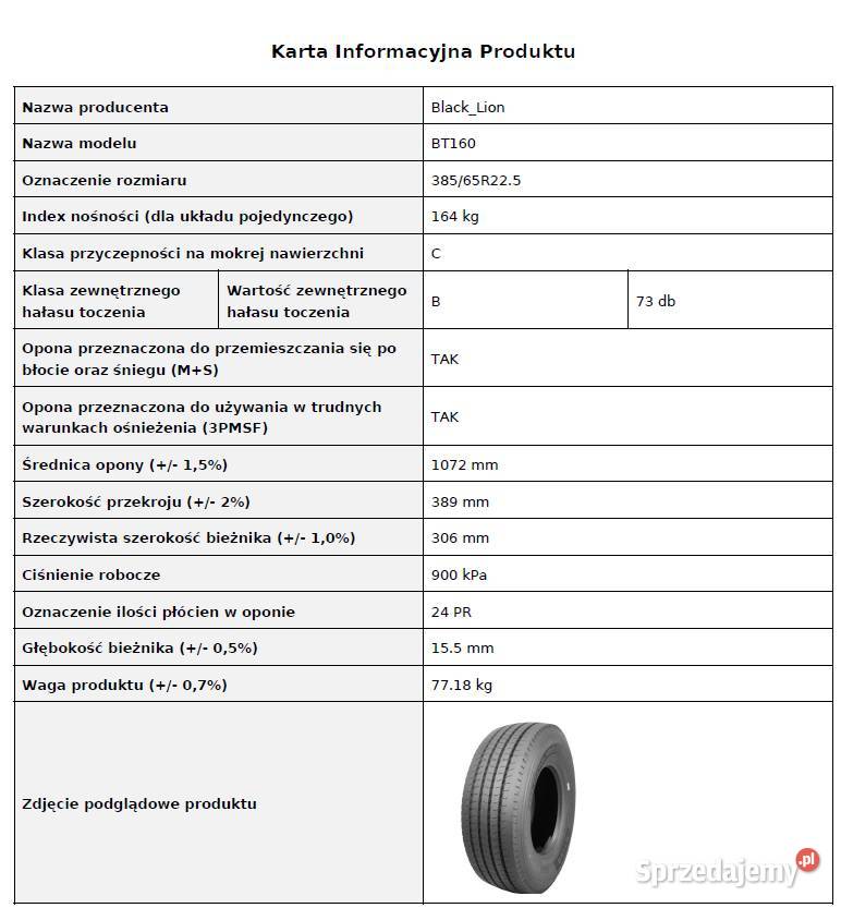 BlackLion BT160 38565 R225 Nowa opona Prowadząca sprzedam