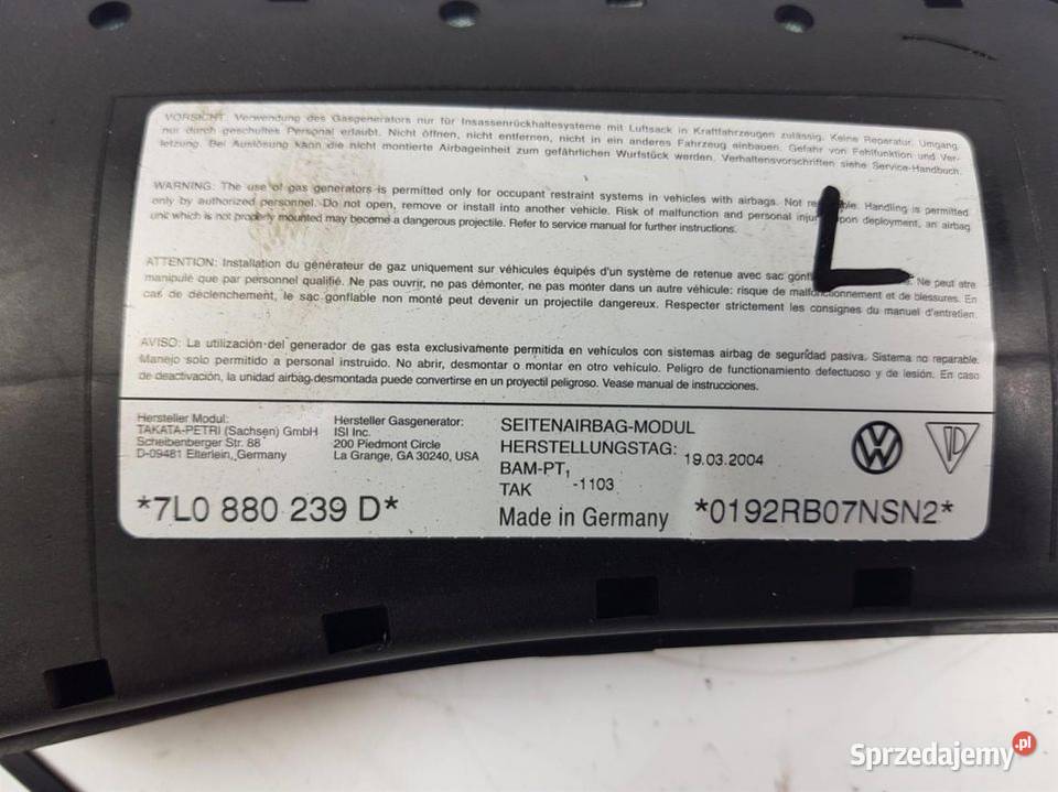 PODUSZKA AIRBAG VOLKSWAGEN TOUAREG 7L0880239D Lipno