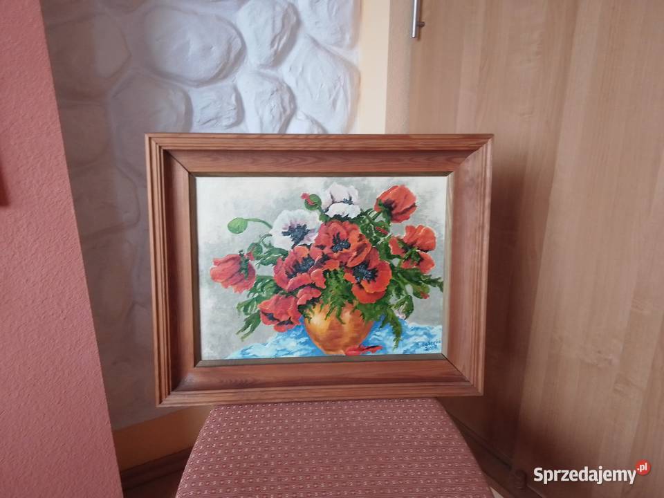 Śliczny obraz z buketem maków w drewnianej ramie wielokolorowy Sosnowiec