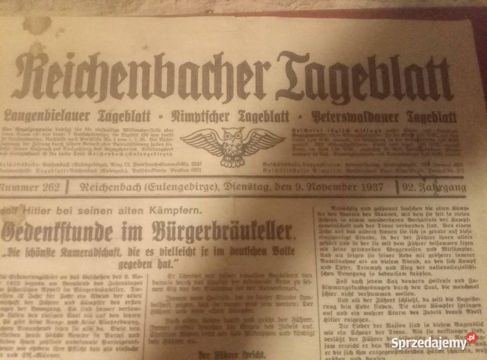 Niemiecka Gazeta z 1937 roku Antykwariat dolnośląskie Oleszna sprzedam