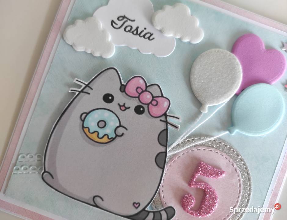 Kartka ręcznie robiona na urodziny kotek Pusheen łódzkie Łódź