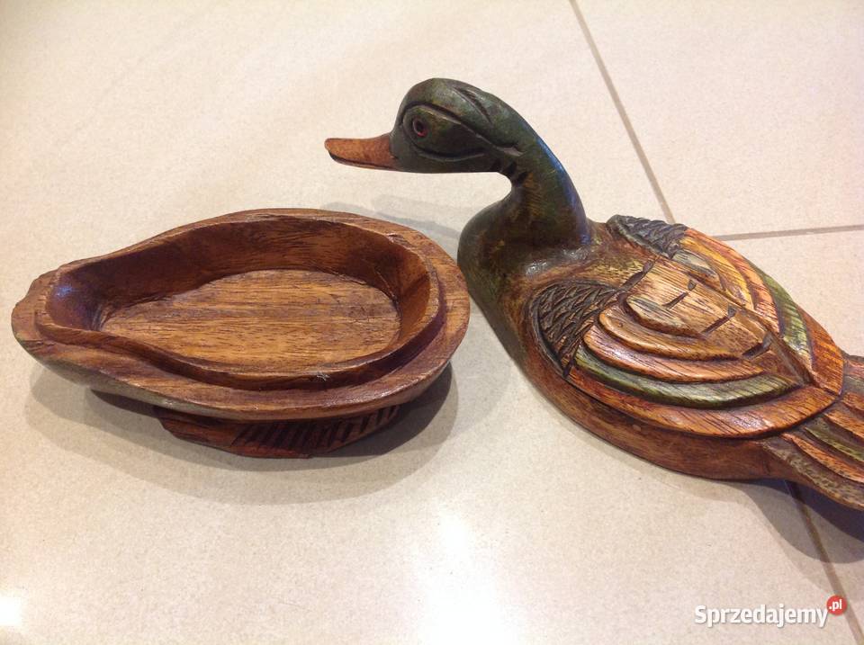 Kaczka Drewniana Malowana Szkatułka Stara Nowa Sól
