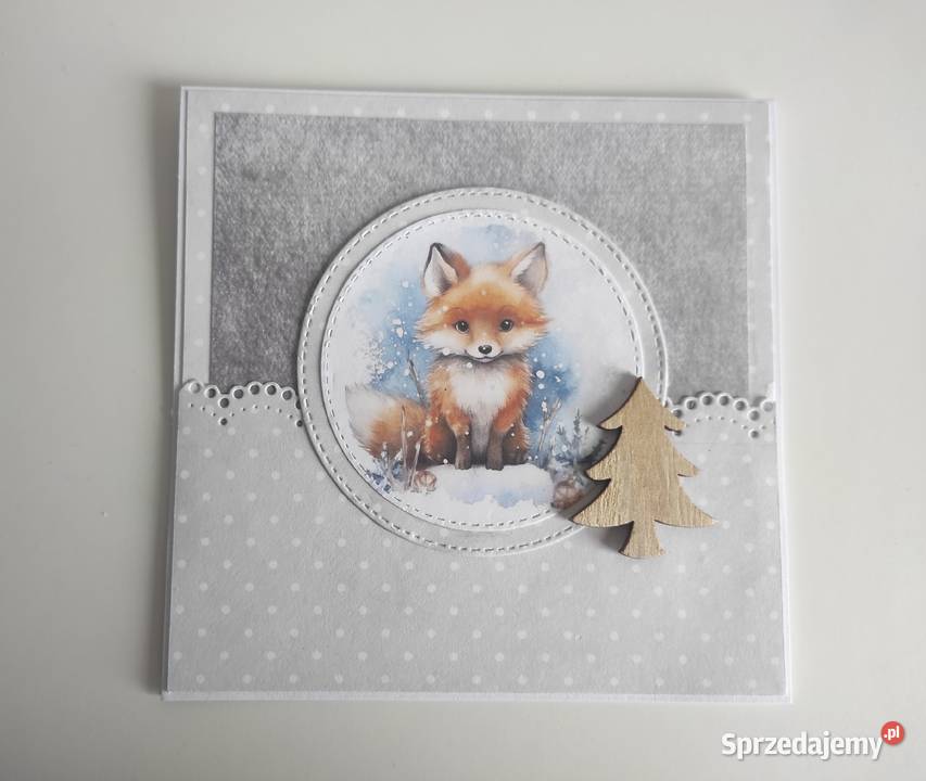 Kartka ręcznie robiona zimowa świąteczna z lisem Antyki, Sztuka, Kolekcje łódzkie Łódź sprzedam