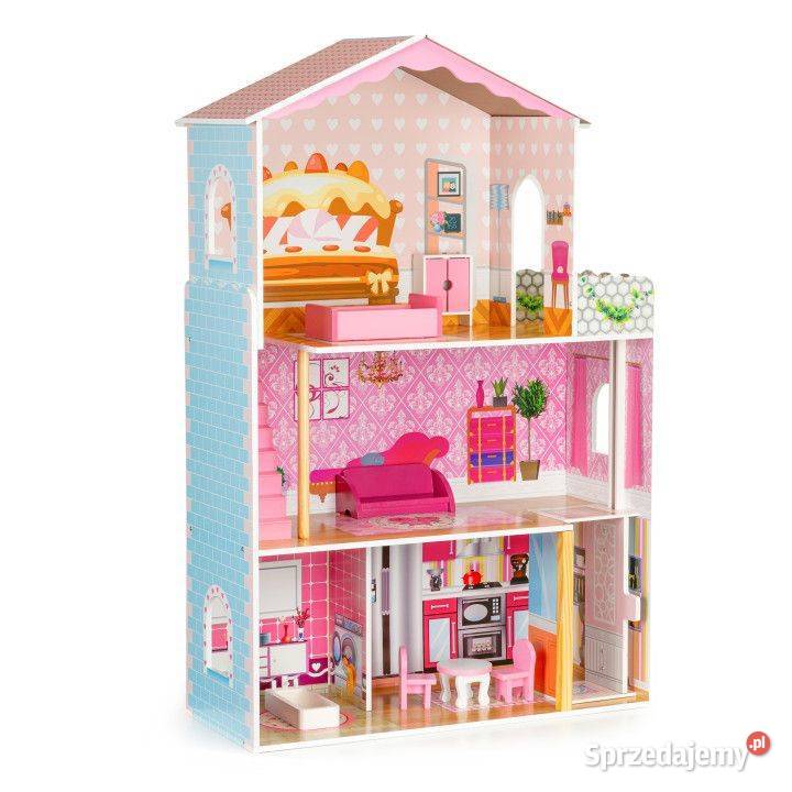 Drewniany domek lalek z windą meble ECOTOYS 3 lata+ sprzedam
