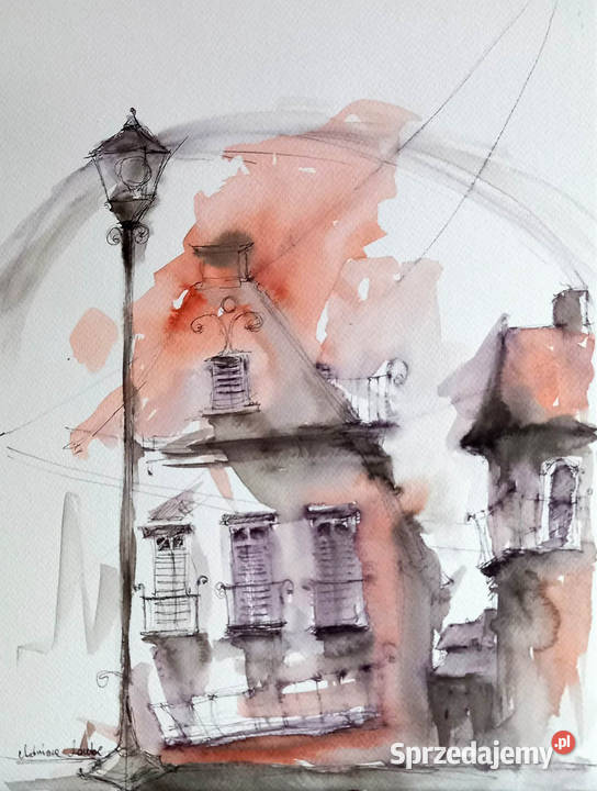 Kamieniczki obraz akwarelami i piórkiem pejzaż