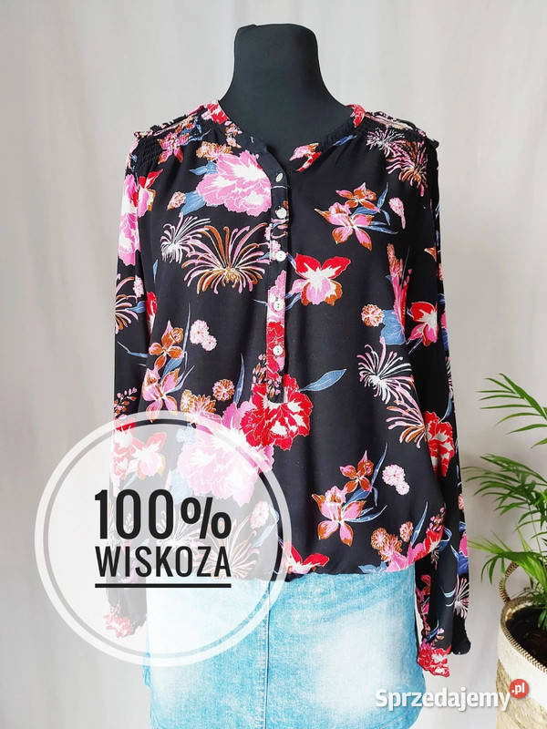 Czarna bluzka koszulowa długi rękaw w kwiaty
