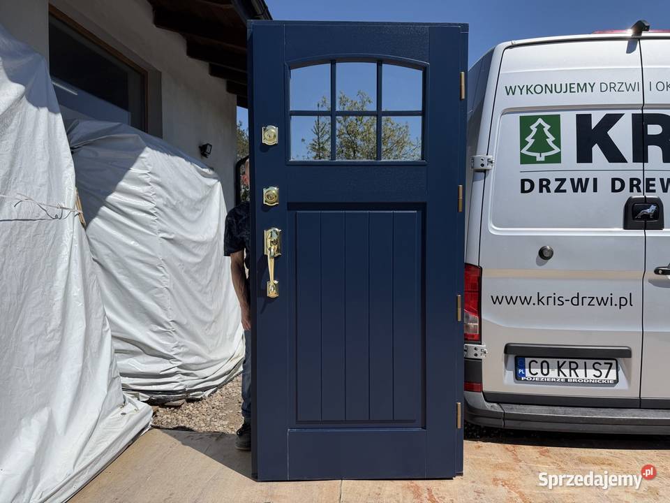 Drzwi zewnętrzne drewniane RĘKI Niebieskie Legnica