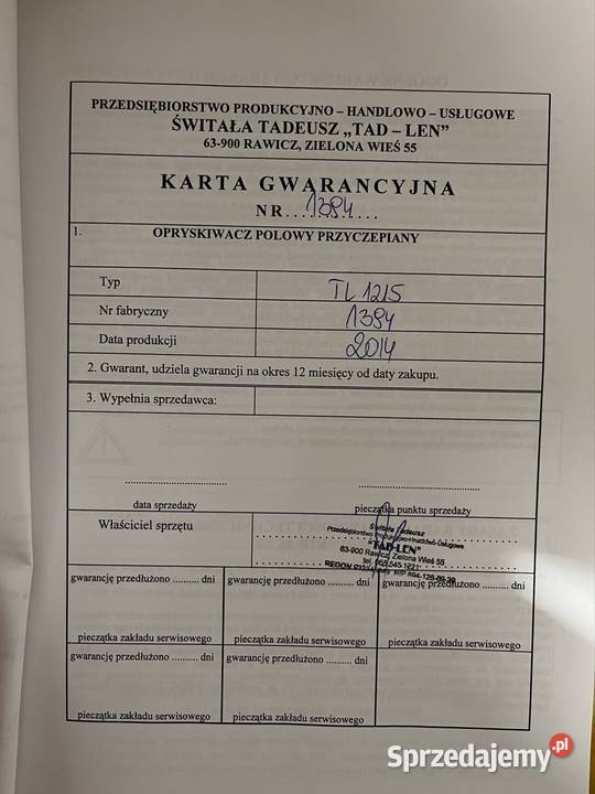 Opryskiwacz TADLEN 1200L Świdnica