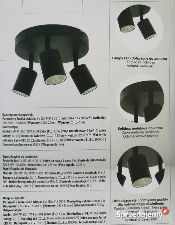 NOWY czarny plafon z 3 regulowanymi spotami LED podkarpackie Dębica