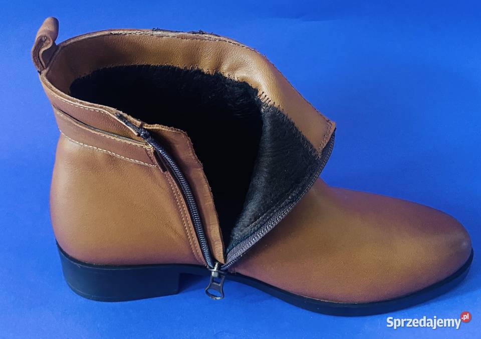 Brązowe skórzane ocieplane damskie botki rozmiar Żyrardów