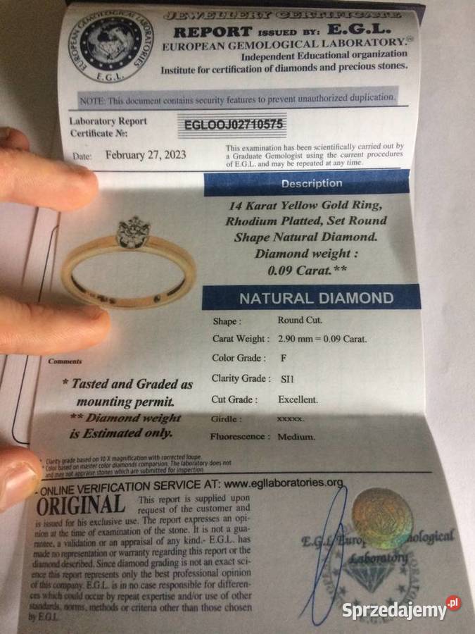 Złoty pierścionek zaręczynowy 585 diament 009ct Łączki