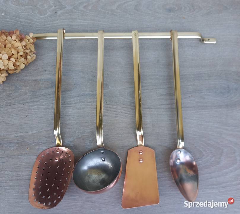 Miedziane przybory kuchenne komplet 4 z mosiężną Warszawa sprzedam