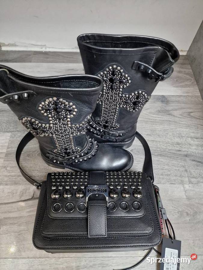 Botki Kozaki Skóra Czarne Kamienie Ćwieki 36