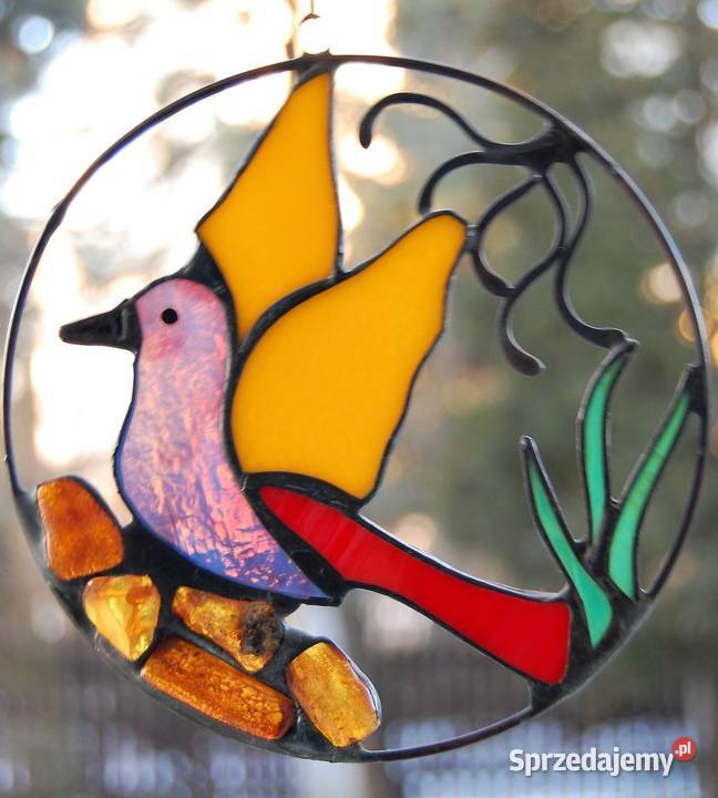 Witraż rajski ptak z bursztynem bursztyn wielokolorowy lubelskie Lublin
