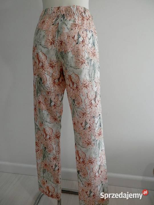 Spodnie Lniane Len Bawełna Białe Kwiaty Spodnie podlaskie Łomża